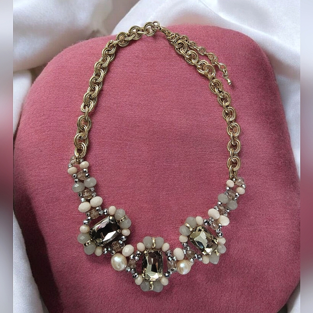 Gold Tone Faux Pearl Beaded Gem Statement Necklace Unsigned